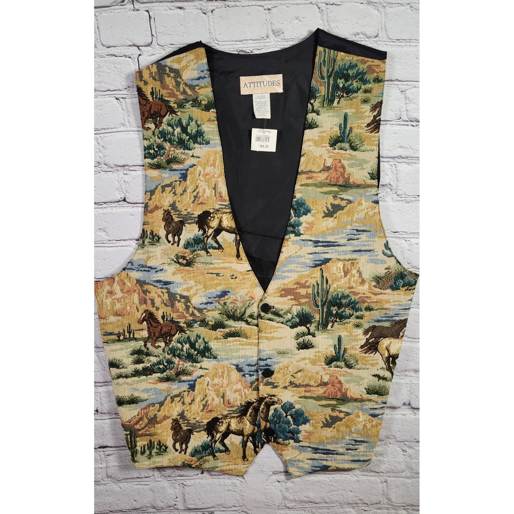 NWT Vintage Attitudes Tapestry Vest Mens L Southwestern Horse Desert Woven USA